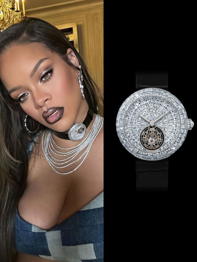 Rihanna’s neck is adorned with a $5.7 million diamond watch.