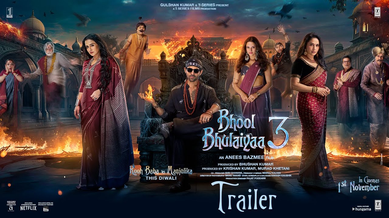 Movie, Bhool Bhulaiyaa 3 Review, exploring its spooky thrills, comic relief, and the stellar performances by Kartik Aaryan, Madhuri Dixit, and the rest of the cast. Is it worth watching?