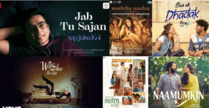 Collage of monsoon-themed music releases including Bollywood, indie, and regional songs